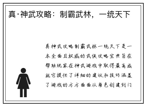 真·神武攻略：制霸武林，一统天下