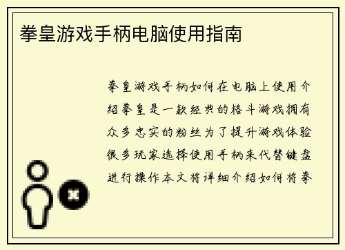 拳皇游戏手柄电脑使用指南