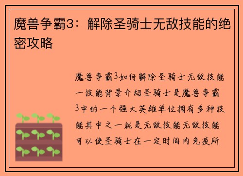 魔兽争霸3：解除圣骑士无敌技能的绝密攻略